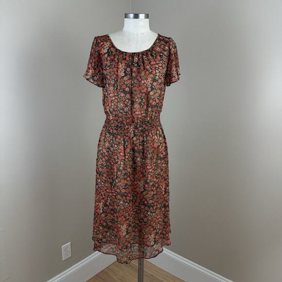 SUNDANCE Womens Dress 4 Floral Smocked Orange Brown Short Sleeve A-Line - Picture 1 of 9